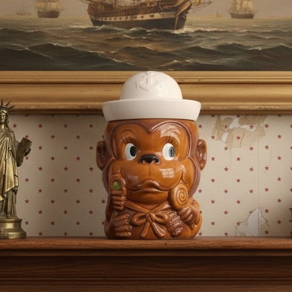 Monkey Sailor Cookie Jar, Vintage Brown Ceramic Canister, Replacement Accessory